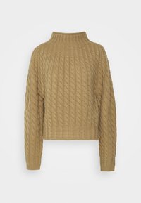 Pull en maille torsadée couleur khaki, avec un col montant, une longueur cropped et des manches larges avec des poignets et un ourlet côtelés.