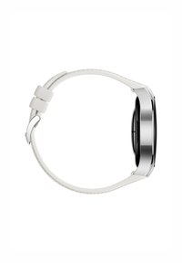 Smartwatch mit einem runden schwarzen Zifferblatt, silbernem Metallgehäuse und weißem Lederarmband. Verfügt über einen einfachen Schnallenverschluss und eine glatte Textur.