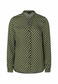 Green patterned blouse with long sleeves, featuring a diamond design in yellow and white. Button-down front and a collar. Smooth texture.