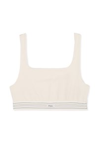 Beige ribbad bralette med breda remmar och fyrkantig halsringning, med ett randigt elastiskt band med en logotyp längst ner.