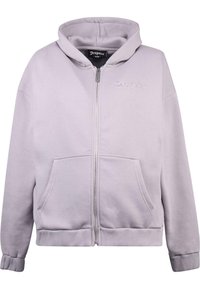 Helle graue Zip-Up-Hoodie aus weichem Stoff, mit einer Fronttasche, gerippten Bündchen und besticktem Text auf der Brust.