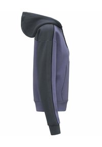 Felpa con cappuccio di colore viola e grigio scuro con tasca a marsupio. Presenta una texture liscia e un design a pannelli a contrasto lungo le maniche.