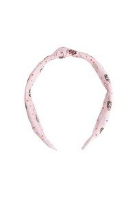 Fascia in tessuto rosa con un design annodato, decorata con piccoli pois e illustrazioni di personaggi lungo tutta la fascia.