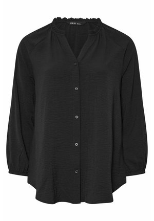 Camicia nera a maniche lunghe con un morbido tessuto testurizzato, colletto arricciato e maniche lunghe con polsini elasticizzati. Design classico con dettagli sottili.