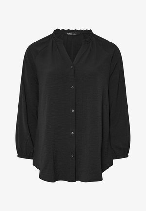 Zwarte button-up shirt met een zachte, textuurstof, ruffled halslijn en lange mouwen met elastische manchetten. Klassiek ontwerp met subtiele details.
