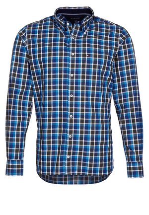 Niebiesko-czarna biała koszula w kratę z długim rękawem, na guziki, z zapiętym kołnierzykiem i małym haftowanym logo na kieszeni na piersi.