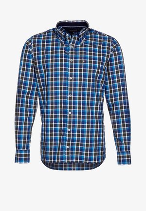 Blauw, zwart en wit geruit overhemd met lange mouwen, knoopsluiting, omgeslagen kraag en klein geborduurd logo op borstzak.