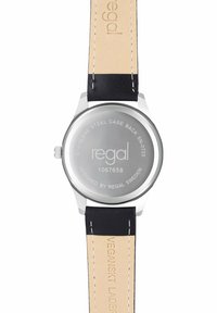 Black leather strap, silver stainless steel case back, minimalist design, engraved text including "regal" and "designed by Regal Sweden."