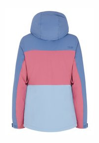 Giacca colorata e isolante con cappuccio; presenta una sezione superiore blu, un centro rosa e una sezione inferiore azzurro chiaro. Tessuto liscio, polsini regolabili.