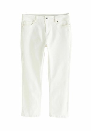 Jeans de mezclilla blanca con corte recto, que cuentan con una cinturilla estándar, trabillas para el cinturón y bolsillos delanteros y traseros.