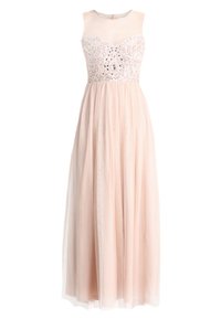 Maxiklänning i mjuk rosa, med en figursydd bodice med blommönster och pärlor, samt en svävande tyllkjol. Ärmlös design.