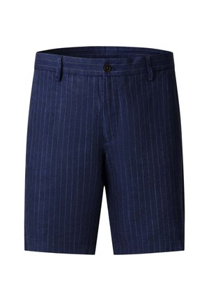 Pantaloncini da uomo blu navy con sottili righe verticali a spillo, chiusura con bottone, passanti per cintura e vestibilità sartoriale.