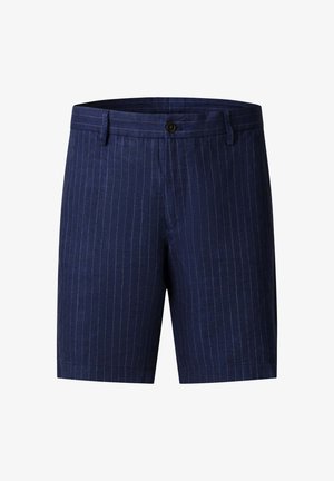 Pánske námornícke modré šortky s tenkými vertikálnymi prúžkami, zapínaním na gombík, pútkami na opasok a priliehavým strihom.