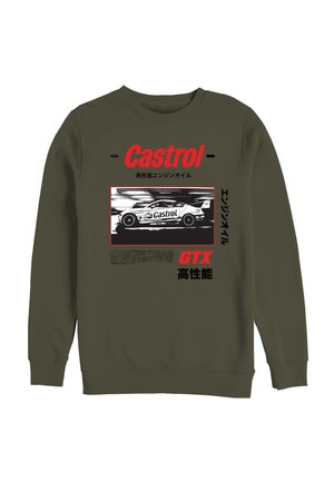 Sweat-shirt vert olive avec une voiture de course noir et blanc arborant le logo Castrol, le texte rouge « Castrol » et « GTX », ainsi que des caractères japonais.
