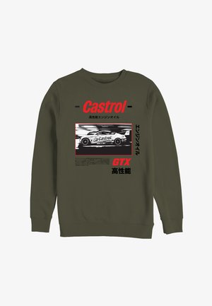 Oliwkowa bluza z nadrukiem czarno-białego samochodu wyścigowego z logo Castrol, czerwonym napisem „Castrol” i „GTX” oraz japońskimi znakami.