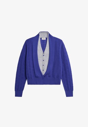 Purple knit cardigan with a contrasting gray button-down front and shawl collar. Features long sleeves and a single button closure.