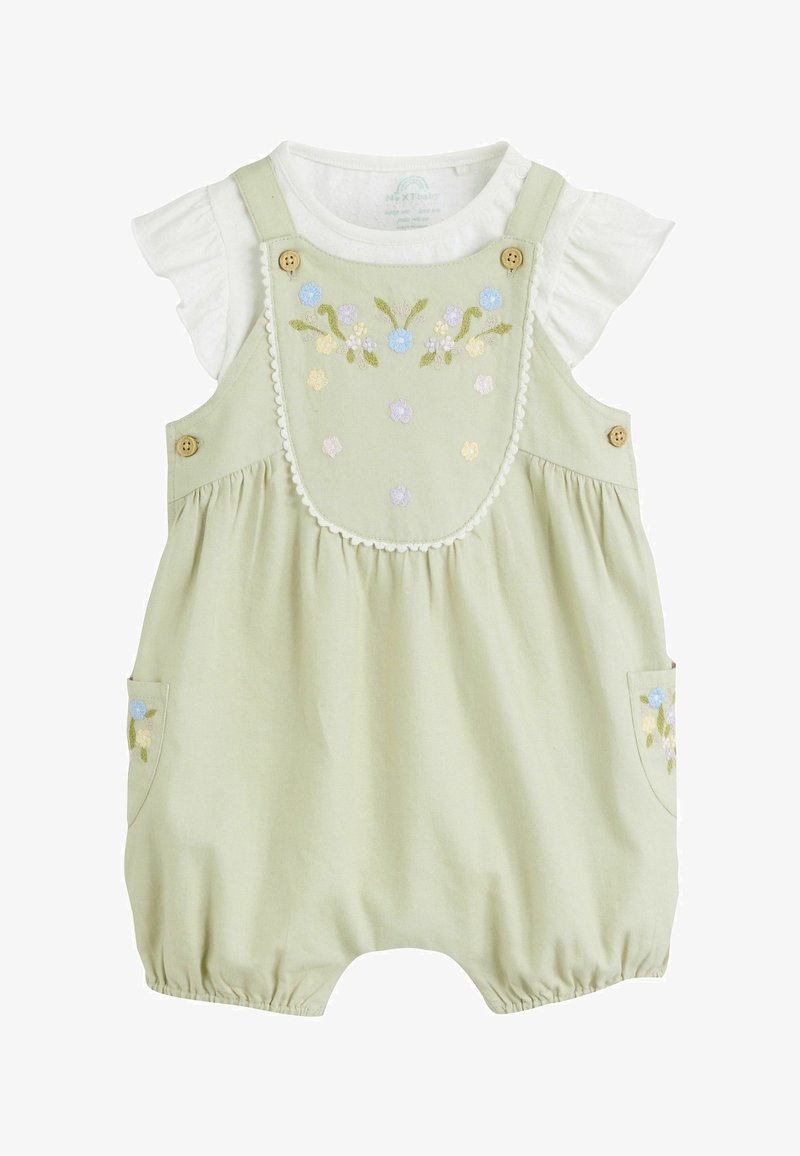 Light green baby romper with floral embroidery, wooden buttons, and a white short-sleeve undershirt with ruffled sleeves.
