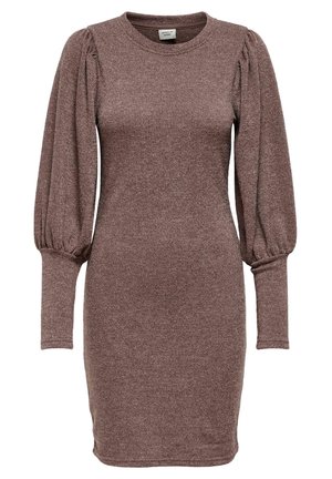 Knit long-sleeve dress in mauve with puffed shoulders, fitted cuffs, and a round neckline, knee-length and tailored fit.