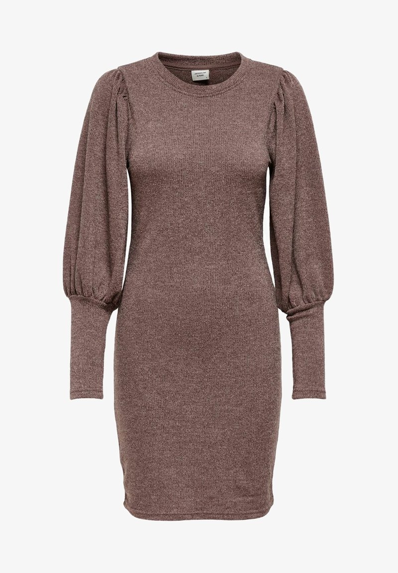 Robe en maille à manches longues mauve avec épaules bouffantes, poignets ajustés et encolure ronde, longueur genou et coupe cintrée.