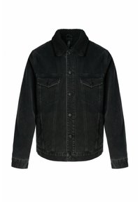 Chaqueta de mezclilla negra con un cuello de textura forrado de pelo, que cuenta con dos bolsillos en el pecho, cierre de botones y un diseño recto.