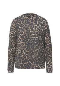 Leopardmönstrad tröja med mjuk textur, rundad halsringning och långa ärmar. Färgerna inkluderar tan, beige och mörkgrå.