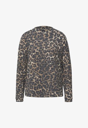 Leopardi-kuosisweater, jossa on pehmeä rakenne, pyöreä kaula-aukko ja pitkät hihat. Värit sisältävät vaaleanruskean, beigen ja tummanharmaan.