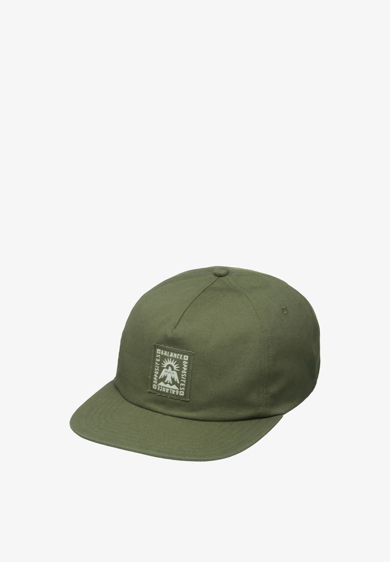 Olive green six-panel baseball cap with curved brim and a square patch featuring a sun and mountain design with text.