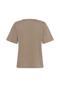 T-shirt med korte ærmer og rund hals i lys taupe, der har en blød tekstur og en afslappet pasform, med en lige afslutning i kanten.