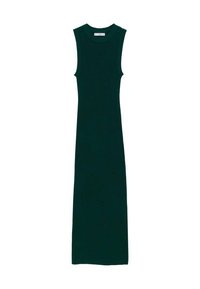 Abito maxi senza maniche di colore verde scuro, realizzato in un tessuto morbido, con scollatura rotonda e silhouette aderente.