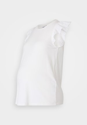 Blusa de maternidad blanca con mangas de ojales con volantes, escote redondo y un corte relajado diseñado para acomodar una barriga en crecimiento.