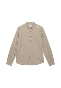 Lange mouwen geruit shirt in gedempte beige en bruine tinten, met een button-down kraag, borstzak en zwarte knopen voor sluiting.