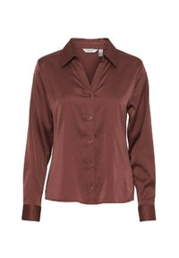 Camicia lunga in satin marrone con colletto, chiusura frontale con bottoni e una leggera lucentezza. Presenta un collo a V e polsini aderenti.