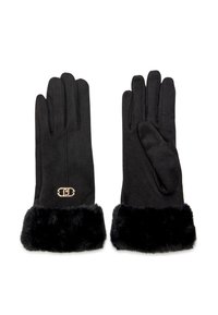 Guantes negros de tela suave con un puño de piel sintética. Presenta un detalle del logo en tono dorado en la muñeca. Diseño largo y ajustado.