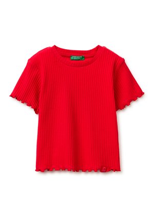 Rotes, geripptes Kurzarmoberteil mit gewellten Kanten und rundem Ausschnitt, mit der Marke United Colors of Benetton.