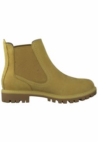 Tan leather chelsea boot with elastic side panels and a rugged rubber sole. Features a smooth finish and stitching detail along the seams.