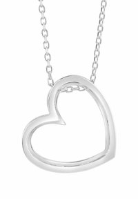 Srebrny naszyjnik z zawieszką w kształcie serca, otwarty wzór z gładkimi krawędziami, zawieszony na ogniwkowym łańcuszku. Polerowane wykończenie, minimalistyczny styl.