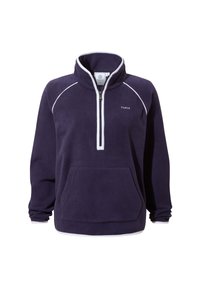 Navy blue fleece pullover with white zipper and trim, kangaroo pocket, long sleeves, and TOG24 logo on the chest.