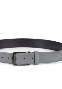 Gray leather belt with a textured surface, featuring a metallic buckle and multiple belt holes for adjustment.