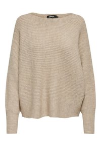 Pull en tricot côtelé beige à manches longues avec épaules tombantes et larges poignets, col rond, coupe décontractée.