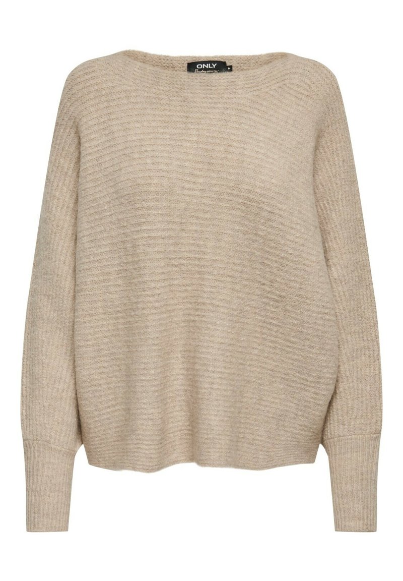 Pull en tricot côtelé beige à manches longues avec épaules tombantes et larges poignets, col rond, coupe décontractée.