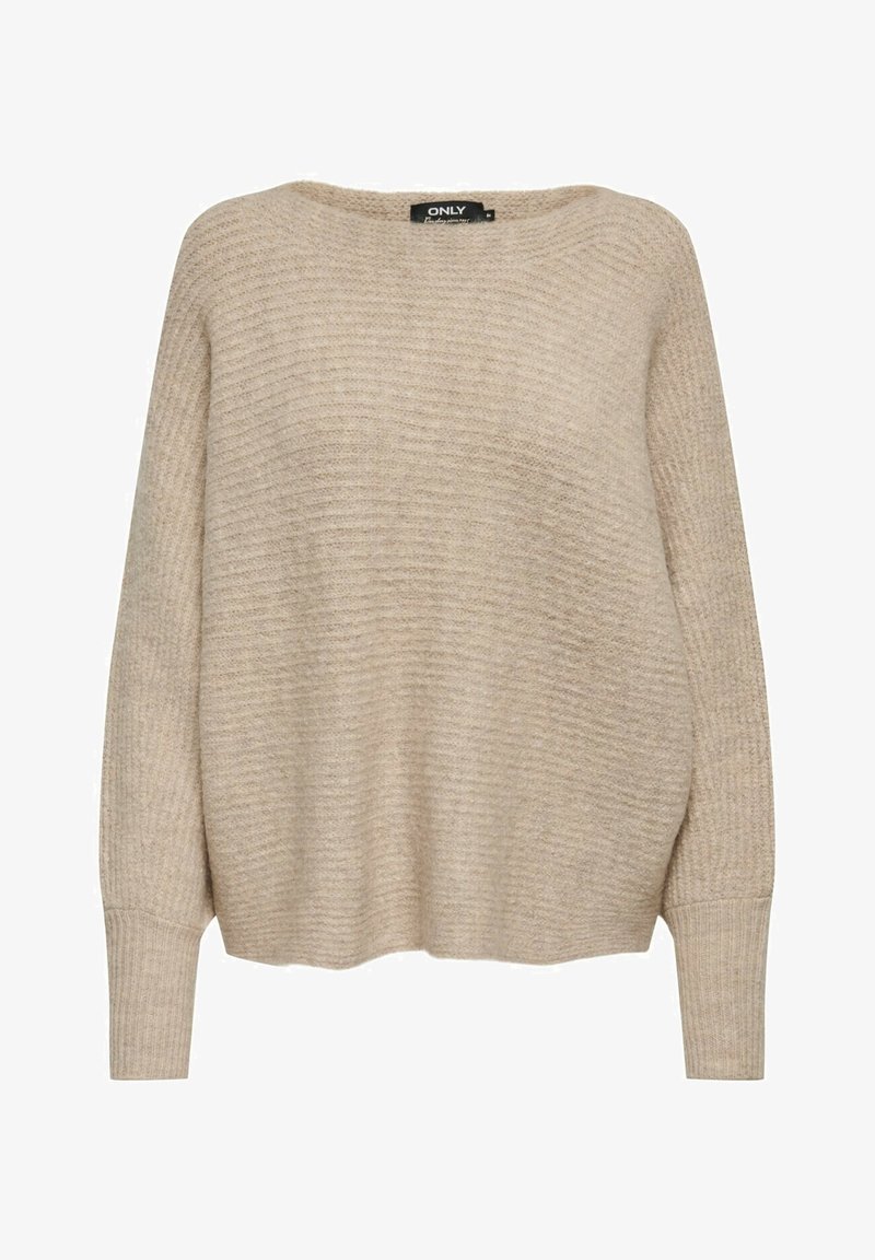 Pull en tricot côtelé beige à manches longues avec épaules tombantes et larges poignets, col rond, coupe décontractée.