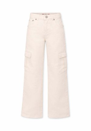 Off-white wide-leg cargo pants with side flap pockets, belt loops, button closure, and front pockets.
