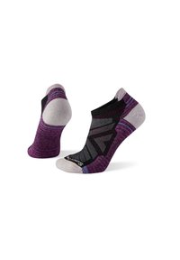 Purple and black athletic socks with textured patterns, low-cut design, and cushioned soles; reinforced heel and toe areas.