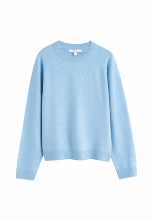 Jasnoniebieski sweter z dzianiny z okrągłym dekoltem, długimi rękawami, ribbowymi mankietami i dołem. Miękka faktura, luźny krój, minimalistyczny design.