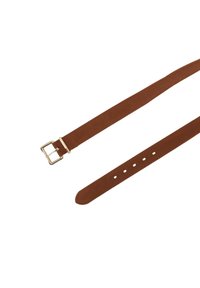 Brown suede belt featuring a metal buckle, elongated strap with evenly spaced holes for adjustment, smooth texture, and clean edges.