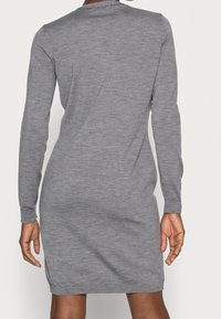 Robe grise à manches longues avec un col rond, réalisée dans un tissu doux et texturé. La coupe est ajustée et se termine juste au-dessus du genou.