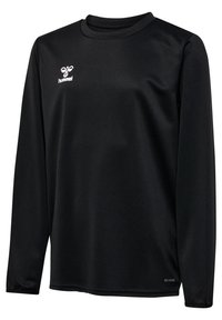 Camiseta deportiva negra de manga larga hecha de tejido suave, con cuello redondo y un logo sutil en la parte superior izquierda. Acabado texturizado.