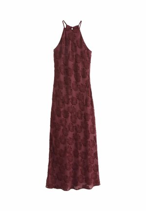 Mauve dress with a halter neck and spaghetti straps, featuring a textured floral pattern and a flowing silhouette. Directly below knee length.