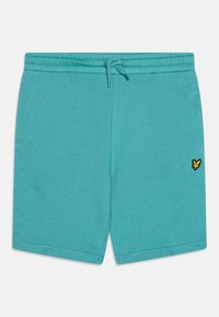 Pantaloni corti in cotone turchese con vita elastica e cordino. Presenta un piccolo logo ricamato nero e giallo sul davanti.