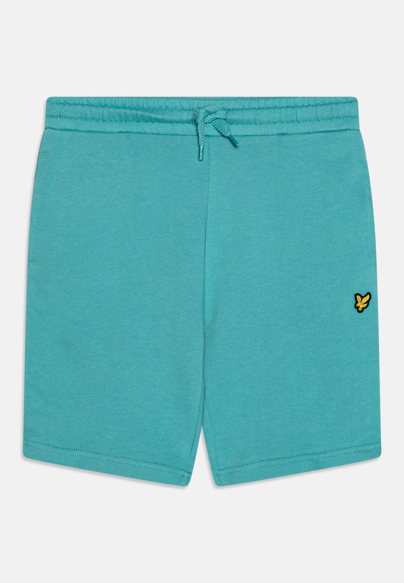 Pantaloni corti in cotone turchese con vita elastica e cordino. Presenta un piccolo logo ricamato nero e giallo sul davanti.